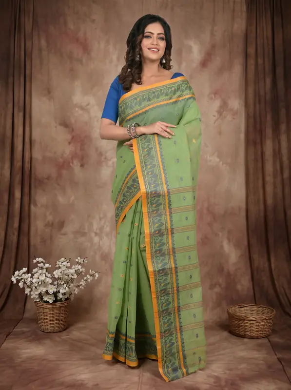 DipDiya Pure Cotton Pesta Green Achlin Crafted in Bengal Tant Sarees