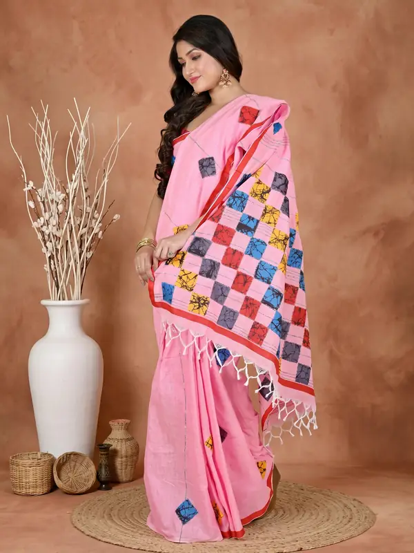 DipDiya Pure Cotton Pink Aplika Tanu Effortless Tradition Applique Sarees