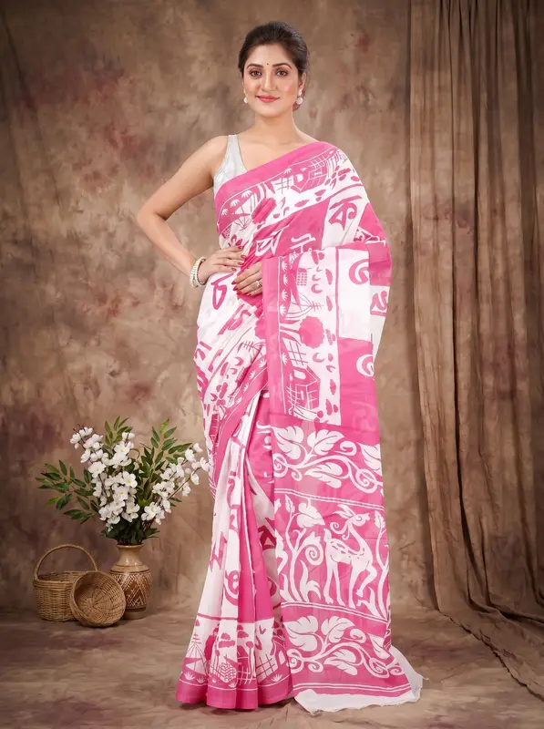 DipDiya Pure Cotton Pink Barnomala Classic Grace Handloom Sarees