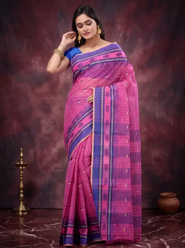 DipDiya Pure Cotton Pink ChakButi Regal Bengali Tant Sarees