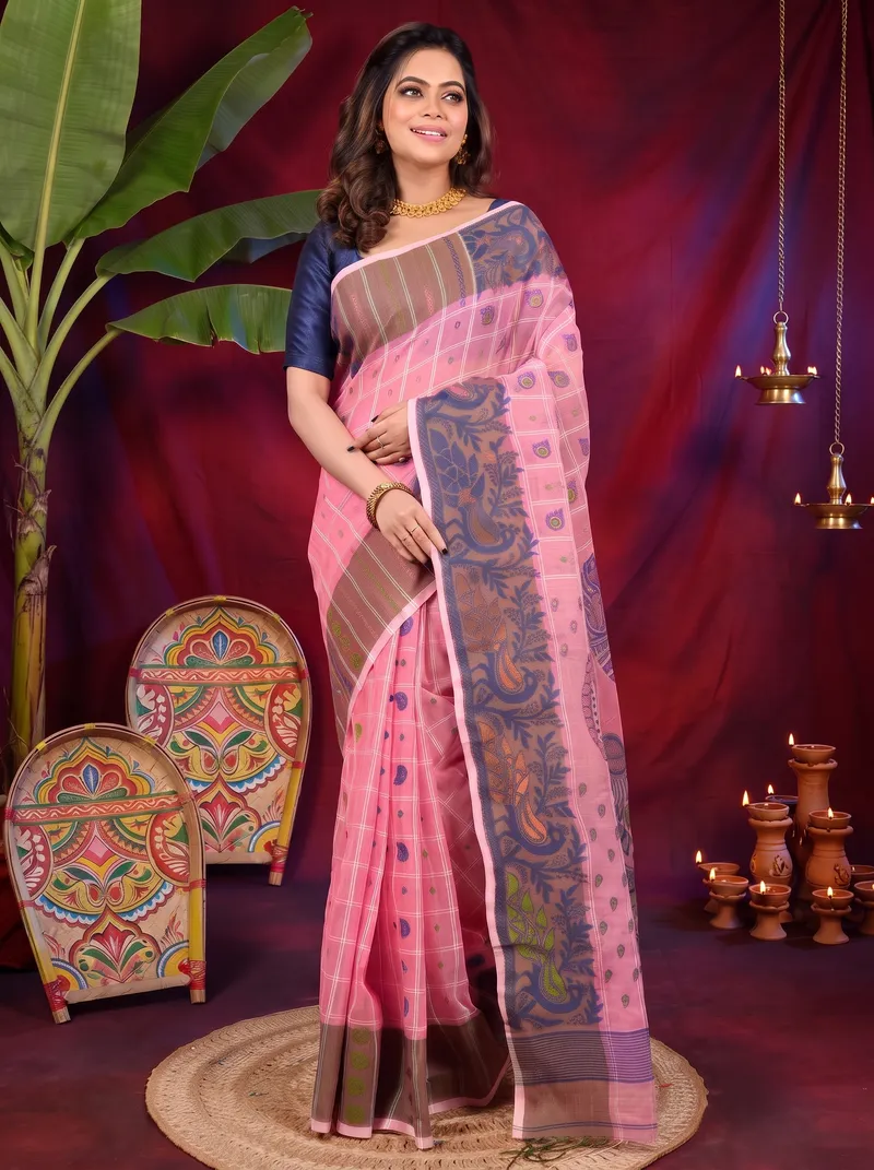DipDiya Pure Cotton Pink Dhrubi Woven by Hand Jamdani Sarees