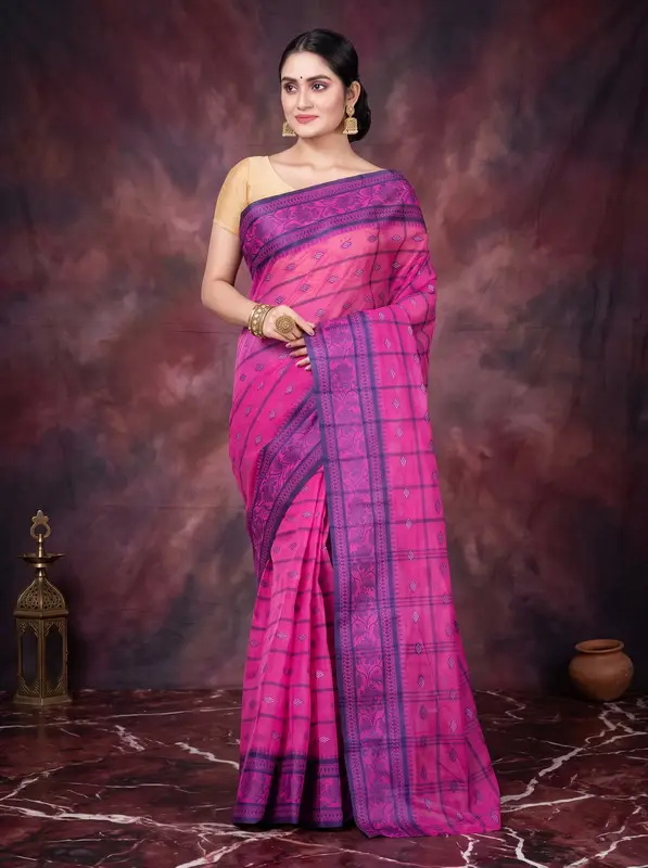 DipDiya Pure Cotton Pink Diamond Tant Heritage Elegance Tant Sarees