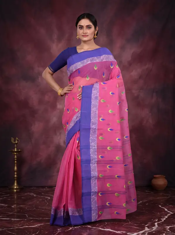 DipDiya Pure Cotton Pink Dip Embro Regal Bengali Embroidery Tant Sarees