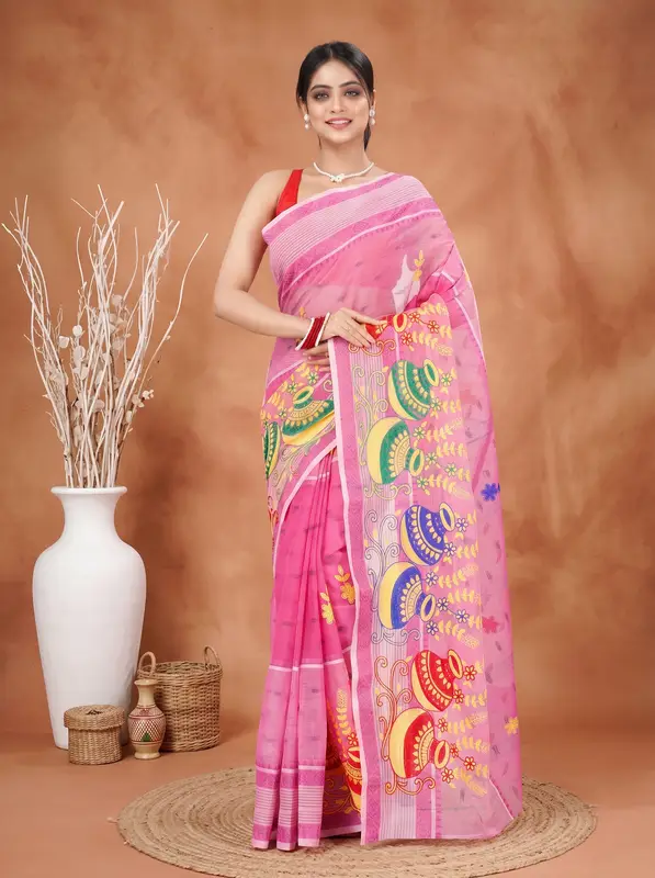 DipDiya Pure Cotton Pink Embi Debdash Ghot Woven by Hand Embroidery Tant Sarees