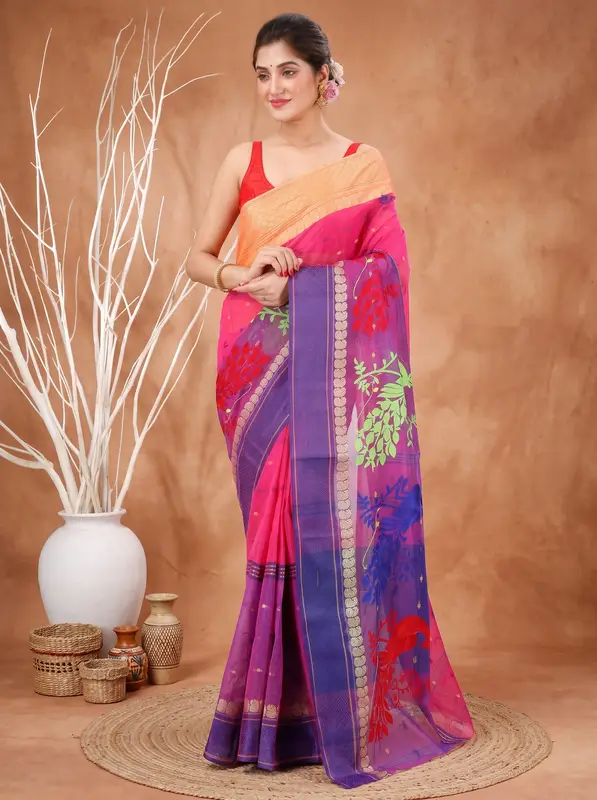 DipDiya Pure Cotton Pink Embi Ganga Moyur Artisan Crafted Embroidery Tant Sarees