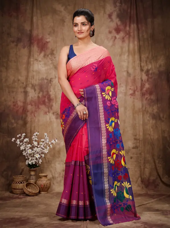 DipDiya Pure Cotton Pink Embi Ganga Sib Timeless Bengal Embroidery Tant Sarees