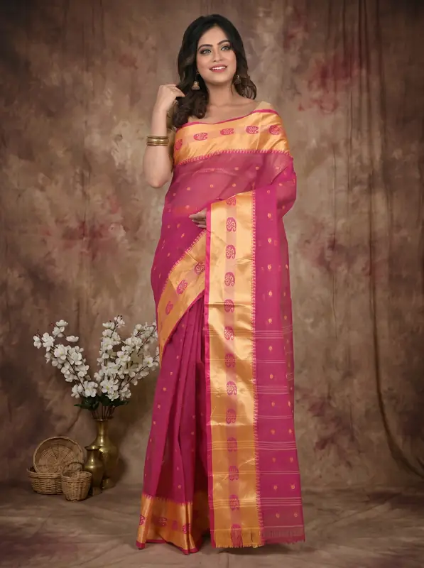 DipDiya Pure Cotton Pink Gold Achma Bengal’s Legacy Tant Sarees