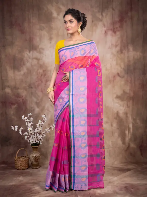 DipDiya Pure Cotton Pink HapChaka Classic Grace Tant Sarees