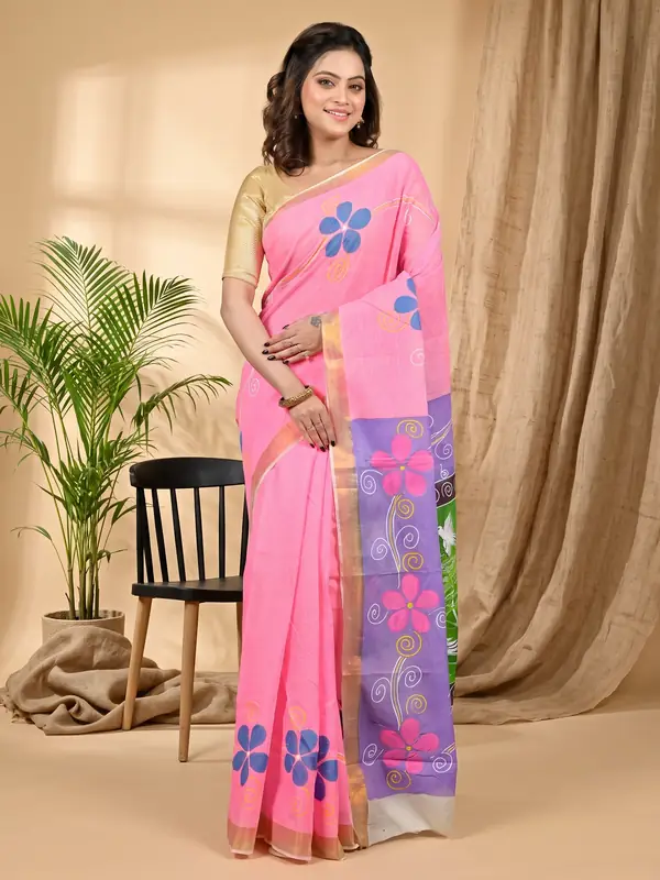 DipDiya Pure Cotton Pink Hataka Artisan Crafted Hand Painted Sarees