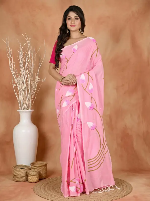 DipDiya Pure Cotton Pink Kamal Masterfully Woven Hand Painted Sarees