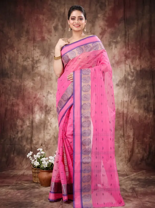 DipDiya Pure Cotton Pink Kolka Guti Heritage of Bengal Tant Sarees