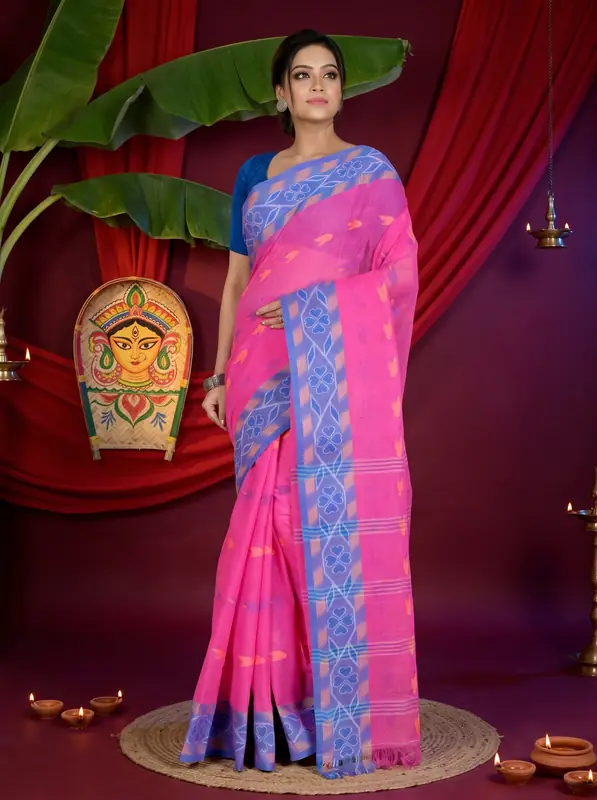 DipDiya Pure Cotton Pink Komtai Classic Grace Tant Sarees