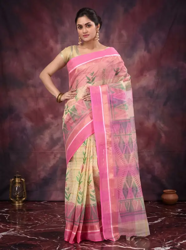 DipDiya Pure Cotton Pink Lata Pata Bengal in Every Thread Printed Tant Sarees