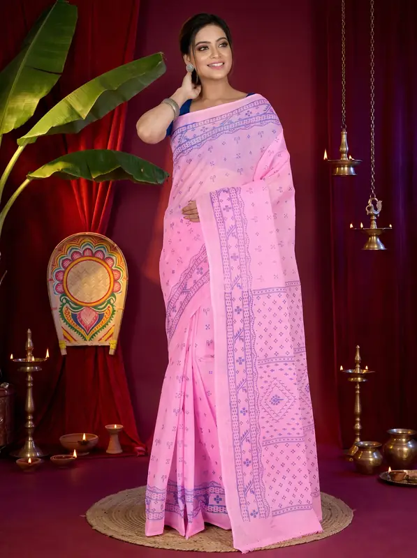 DipDiya Pure Cotton Pink Liko Bengal’s Legacy Printed Tant Sarees