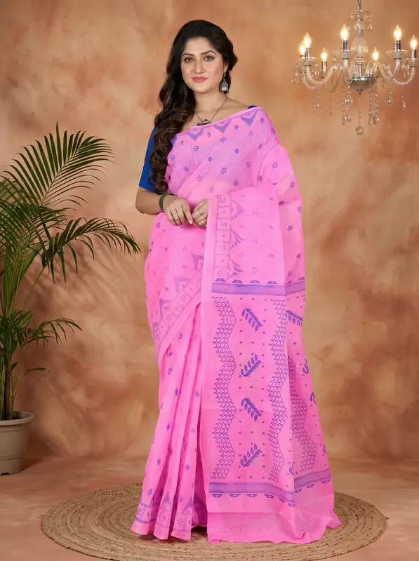 DipDiya Pure Cotton Pink Lupata Masterfully Woven Printed Tant Sarees