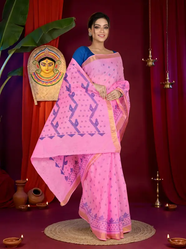 DipDiya Pure Cotton Pink Luvna Essence of Bengal Printed Tant Sarees