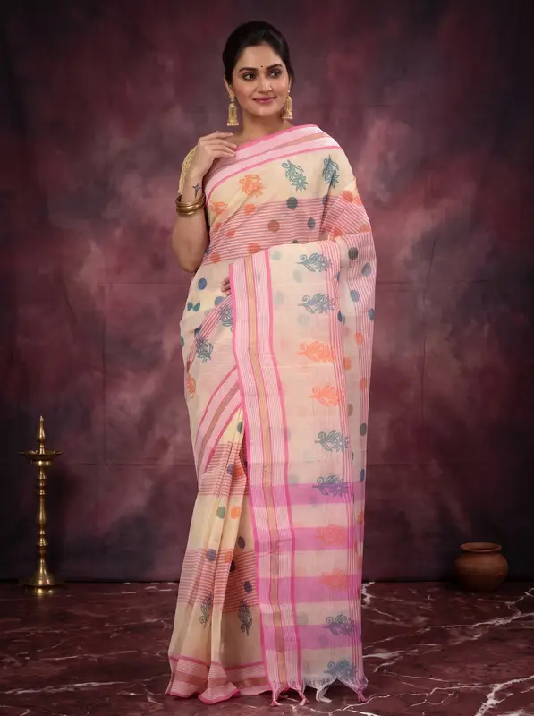 DipDiya Pure Cotton Pink Matha Saree Grace of Bengal Printed Tant Sarees