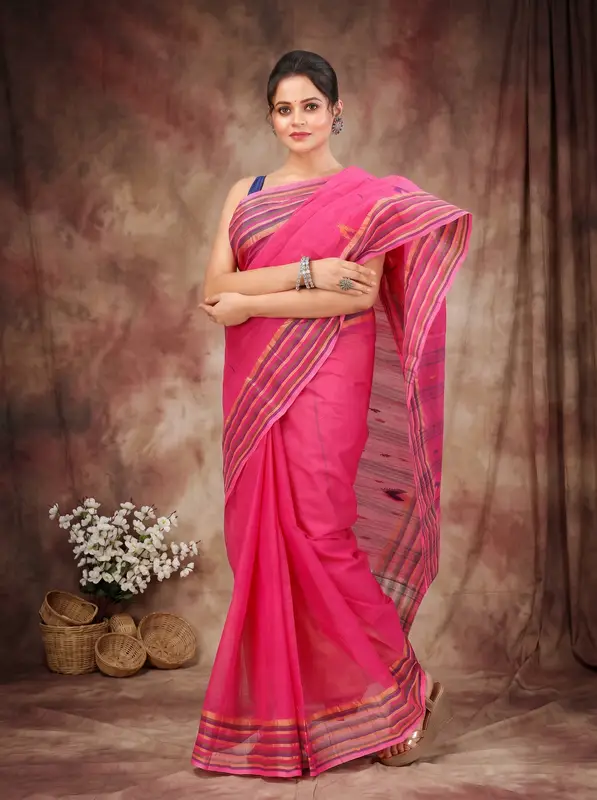 DipDiya Pure Cotton Pink mena Bengal in Every Thread Tant Sarees