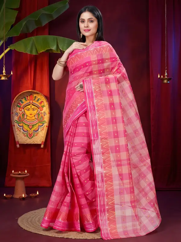 DipDiya Pure Cotton Pink Niladdri Bengali Heritage Tant Sarees