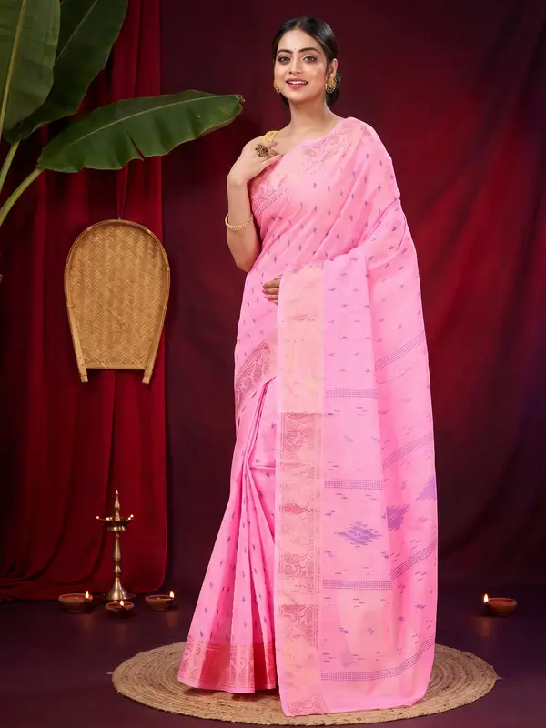 DipDiya Pure Cotton Pink Purvi Handloom Heritage Printed Tant Sarees