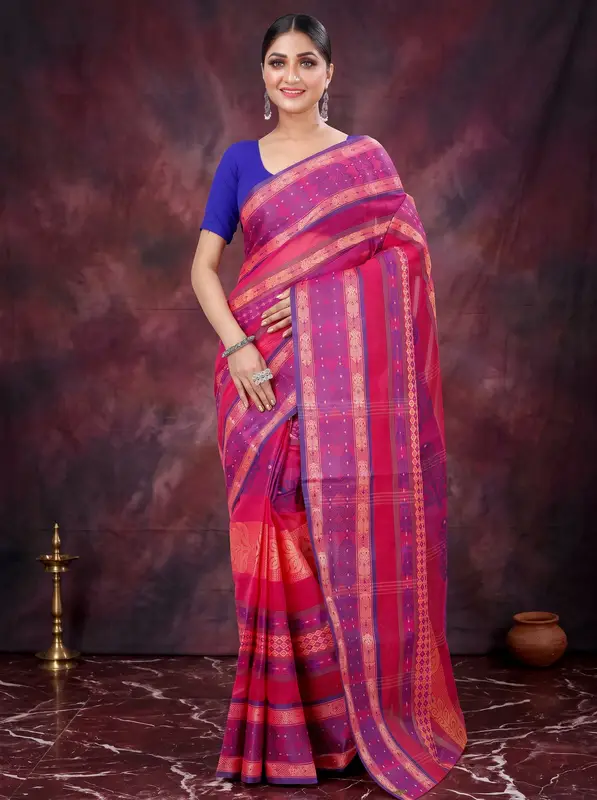 DipDiya Pure Cotton Pink Saanvi Desiging Crafted in Bengal Tant Sarees