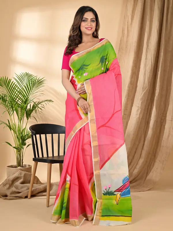 DipDiya Pure Cotton Pink White Hataka Elegance in Every Weaves Hand Painted Sarees