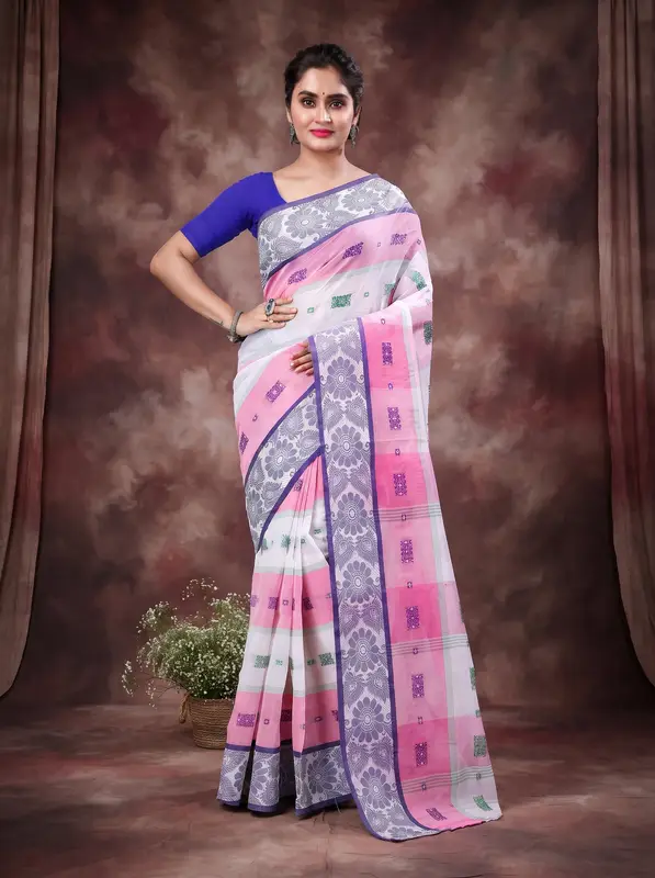 DipDiya Pure Cotton Pink White RajSahi Rooted in Bengal Tant Sarees
