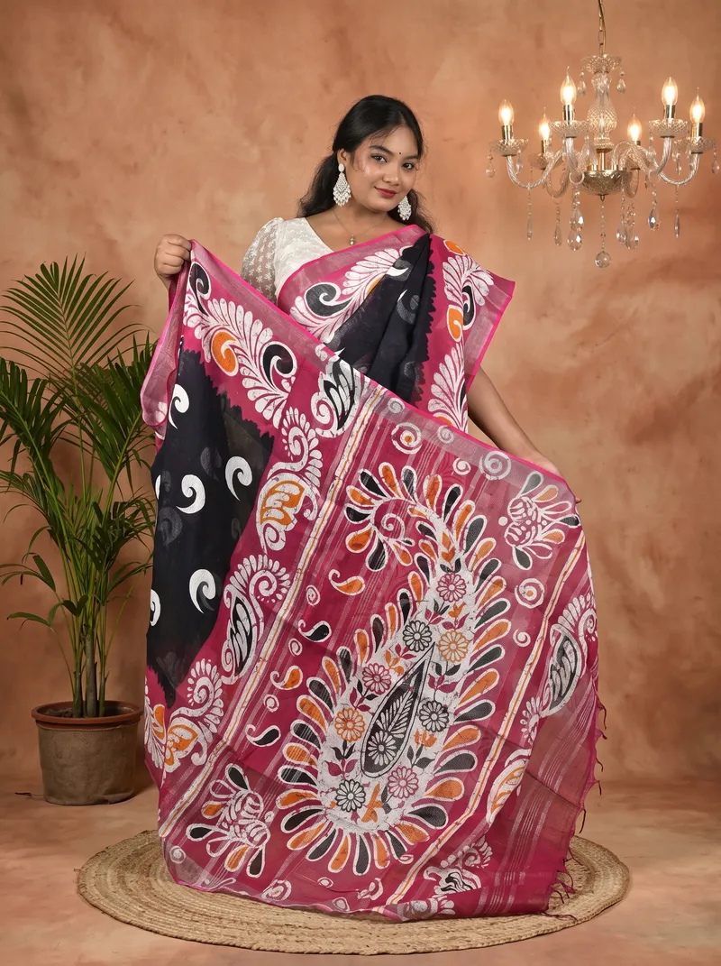 DipDiya Pure Cotton Purpel Black Dinesi Essence of Bengal Batik Print Sarees