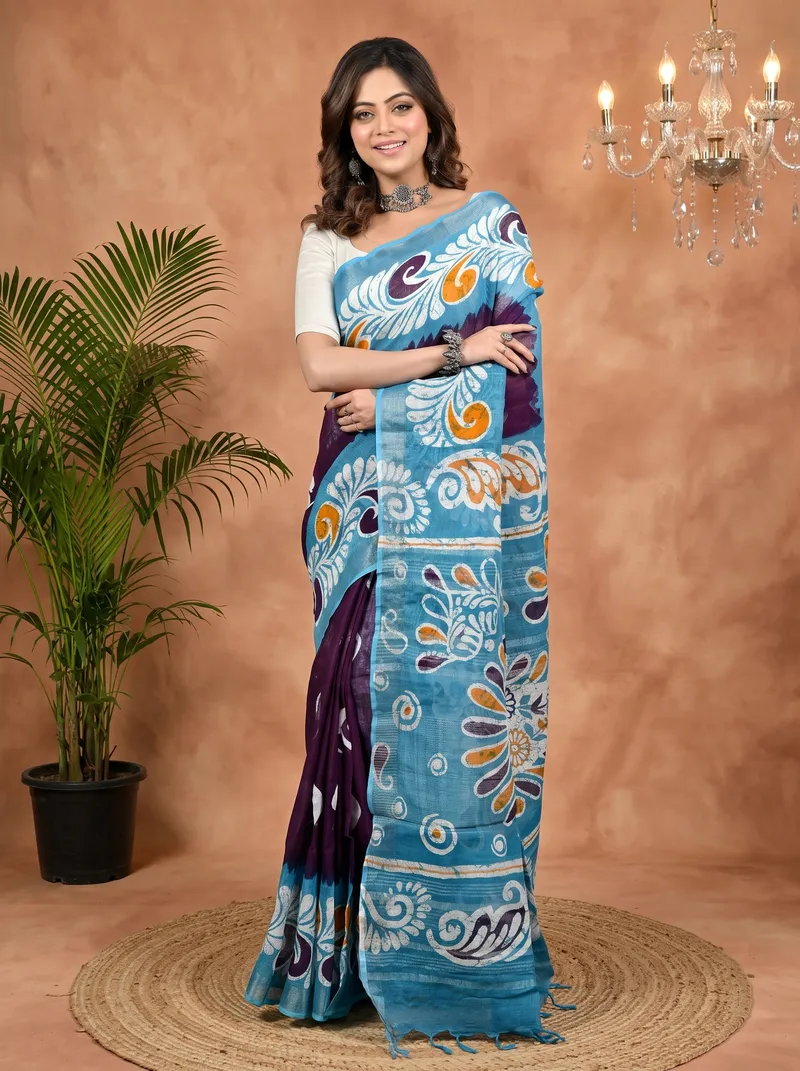 DipDiya Pure Cotton Purpel Sky Blue Dinesi Heritage Elegance Batik Print Sarees