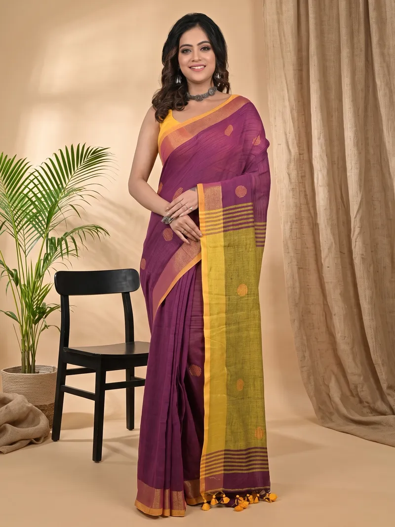 DipDiya Pure Cotton Purpel Yellow Achkol Woven with Love Handloom Sarees