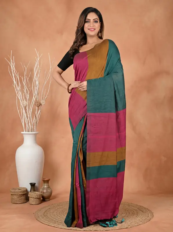 DipDiya Pure Cotton Purple Green Nator Pure Bengali Grace Handloom Sarees