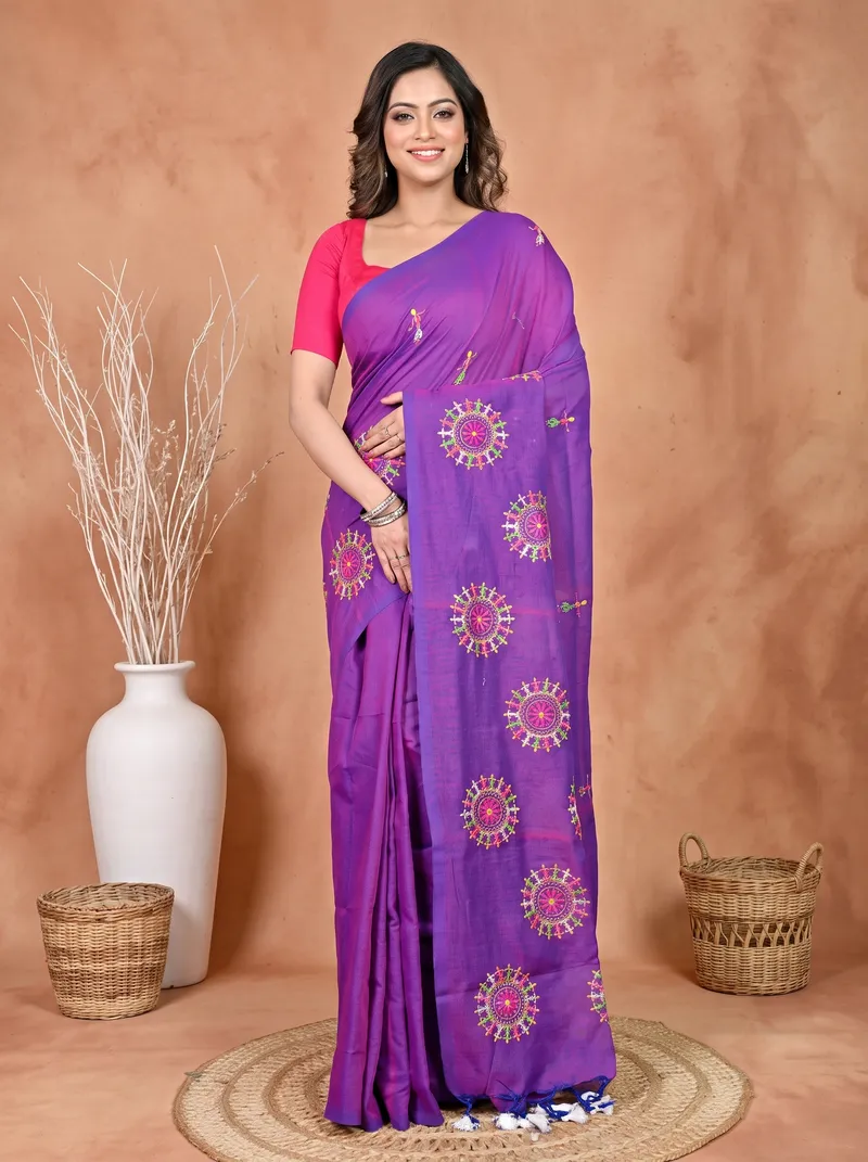 DipDiya Pure Cotton Purple Parama Regal Bengali Embroidery Handloom sarees