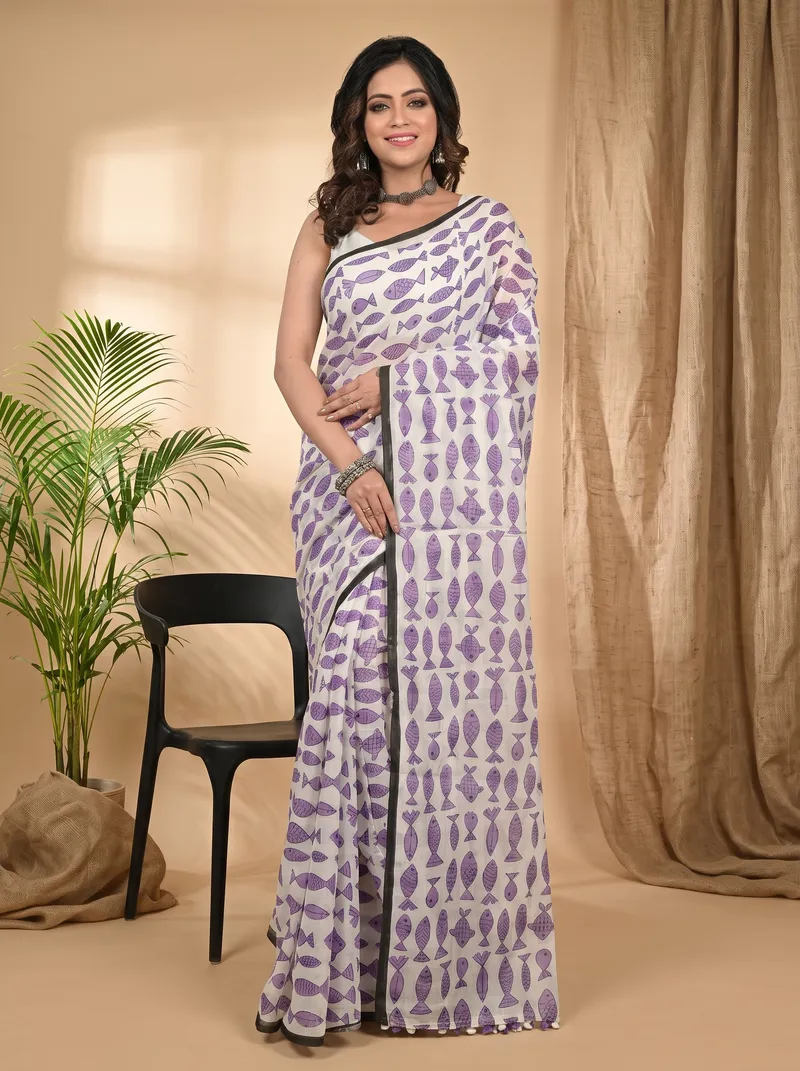 DipDiya Pure Cotton Purple White Achdik Elegant by Tradition Kalamkari Printed Sarees