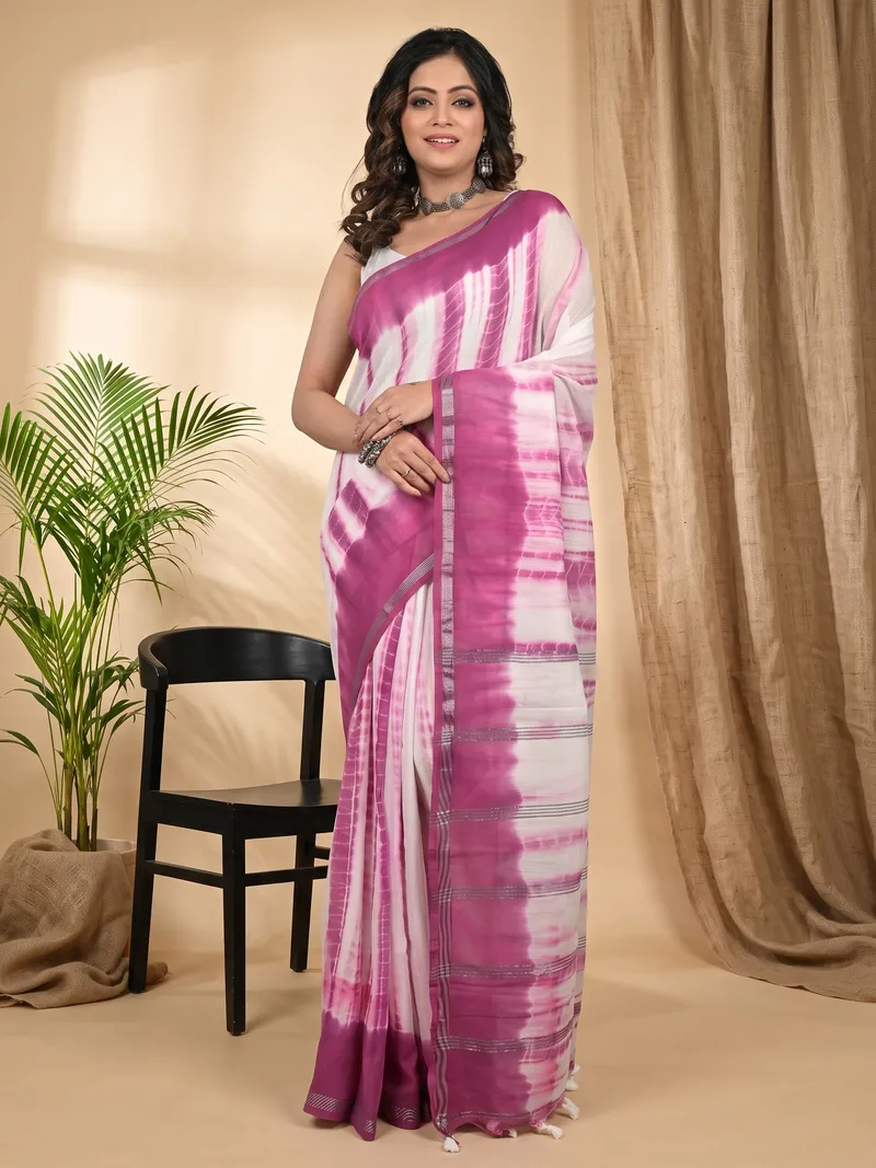 DipDiya Pure Cotton Purple White Achmol Classic Grace Badhni Dye Sarees