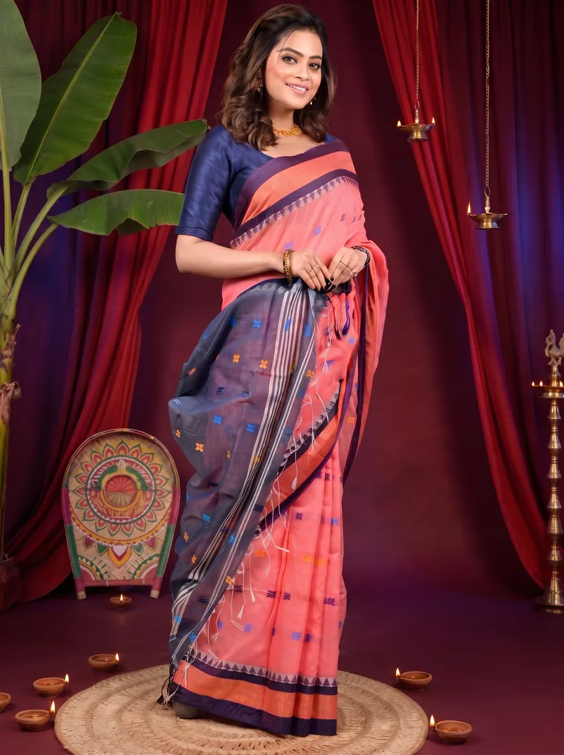 DipDiya Pure Cotton Rani Pink Blue Debasi Classic Grace Handloom Sarees