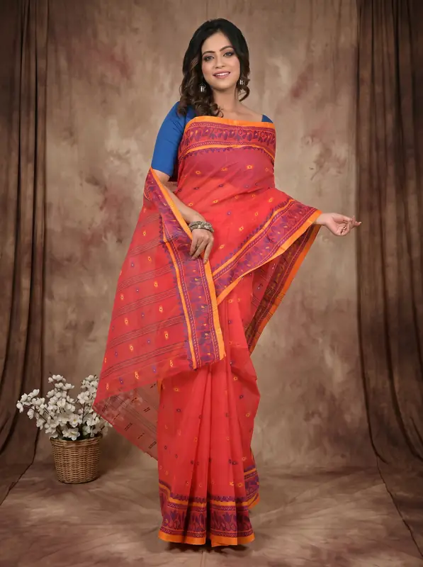 DipDiya Pure Cotton Red Achlin Crafted by Artisans Tant Sarees