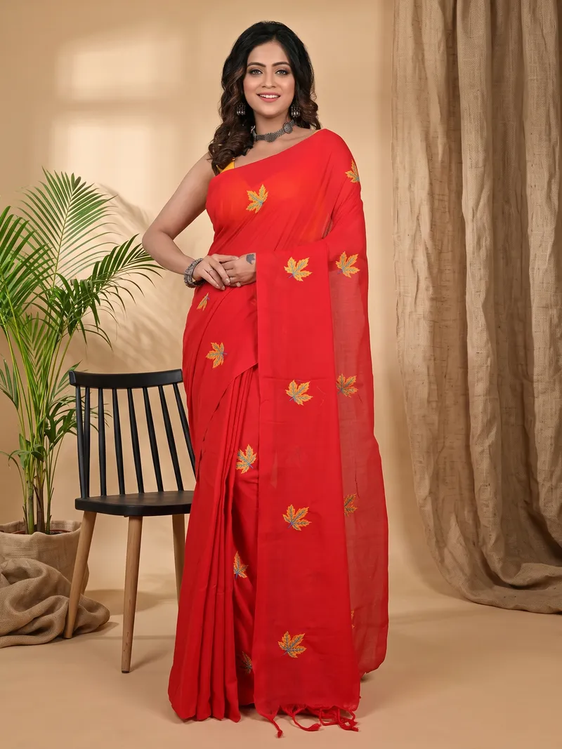 DipDiya Pure Cotton Red Achrun Handcrafted Elegance Embroidery Handloom sarees