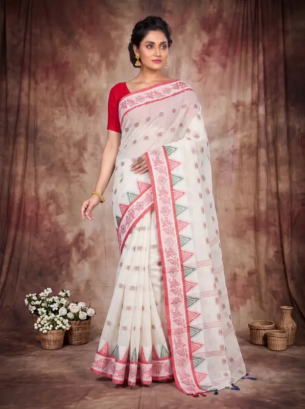 DipDiya Pure Cotton Red Alkari The Bengali Classic Tant Sarees
