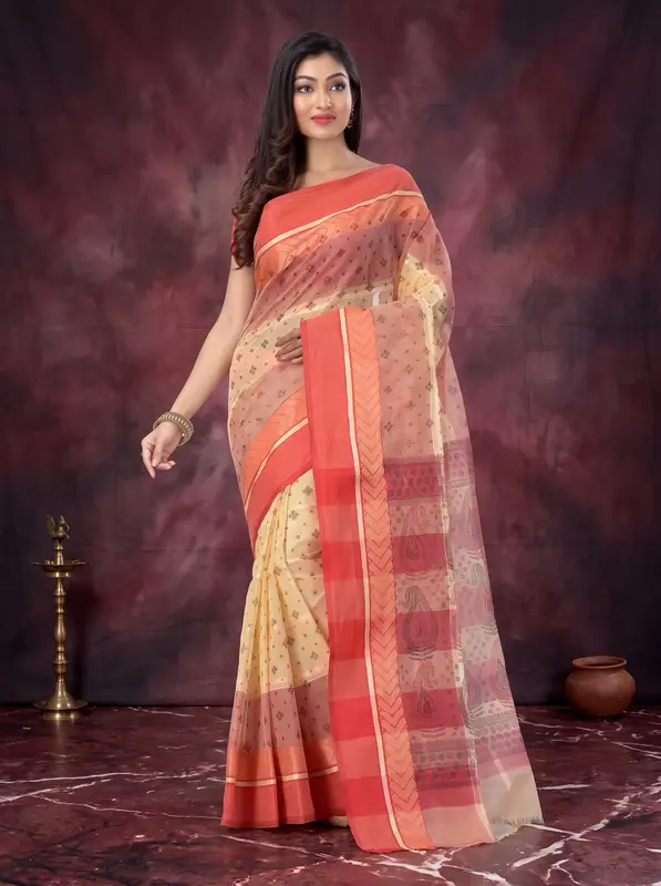 DipDiya Pure Cotton Red ANARKOLI PRINT Artisan Crafted Printed Tant Sarees