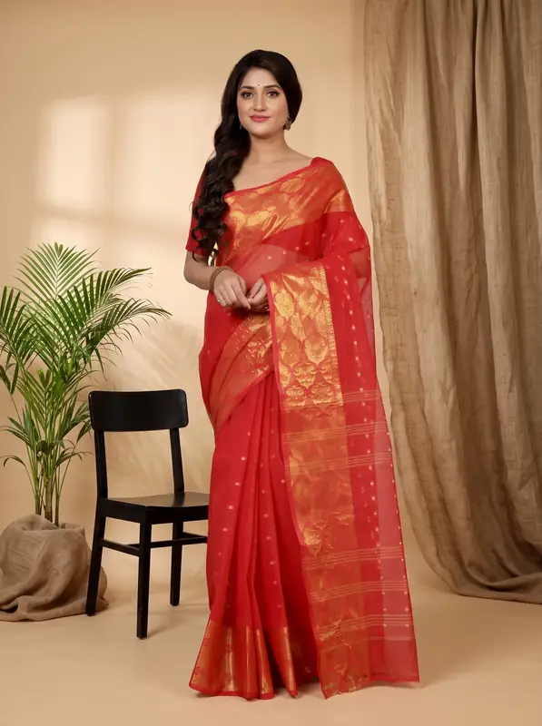 DipDiya Pure Cotton Red Asmanito Pure Bengali Grace Tant Sarees