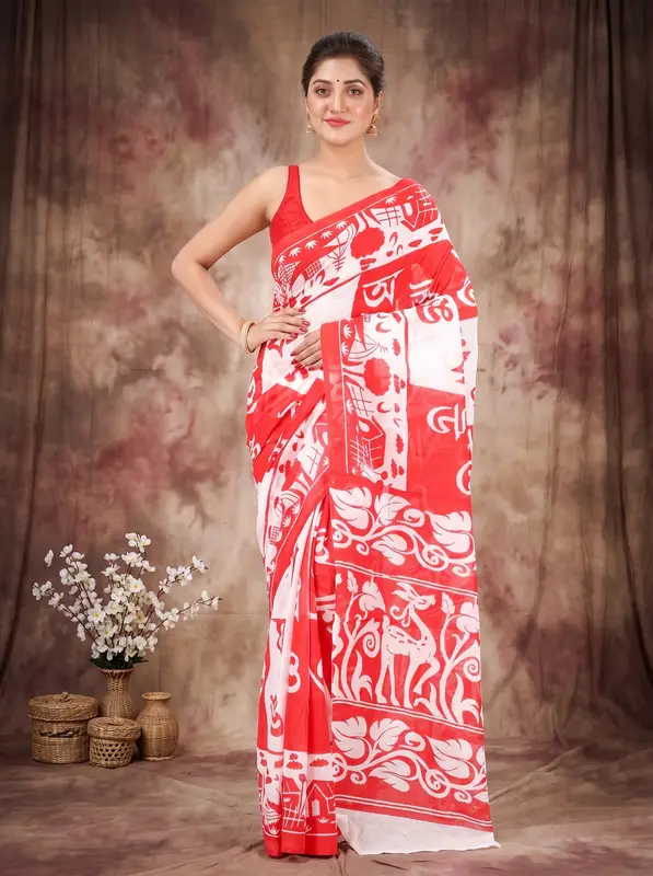 DipDiya Pure Cotton Red Barnomala Crafted in Bengal Handloom Sarees