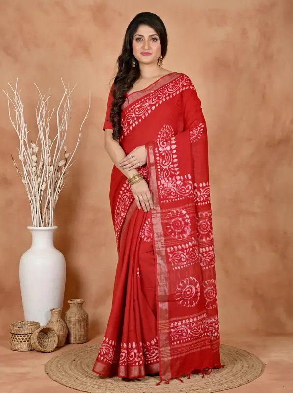 DipDiya Pure Cotton Red Batika Boll Heritage You Can Wear Batik Print Sarees