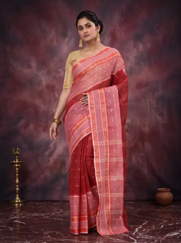 DipDiya Pure Cotton Red Debdash Woven with Love Tant Sarees