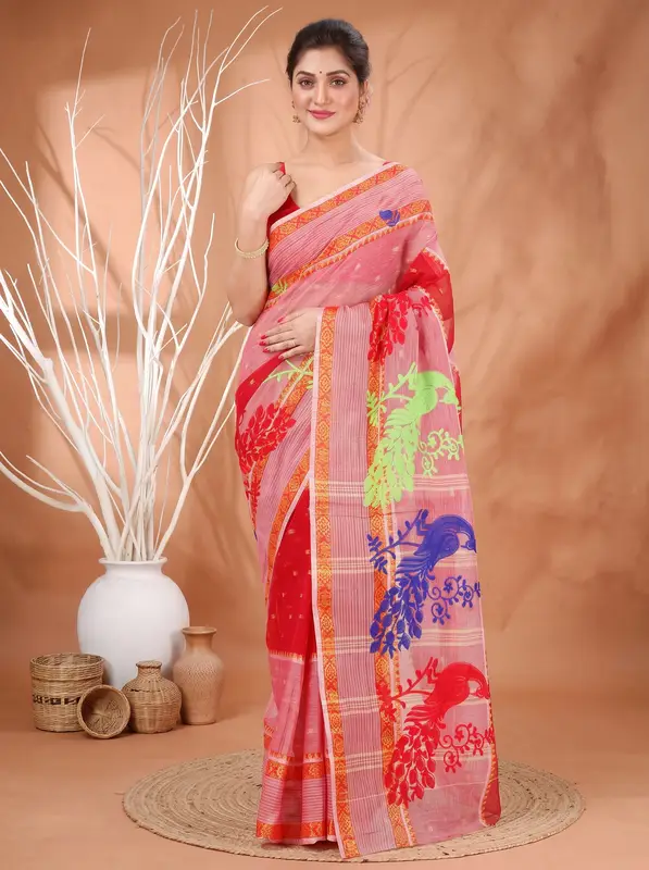 DipDiya Pure Cotton Red Embi Debdash Moyur Wrapped in Heritage Embroidery Tant Sarees
