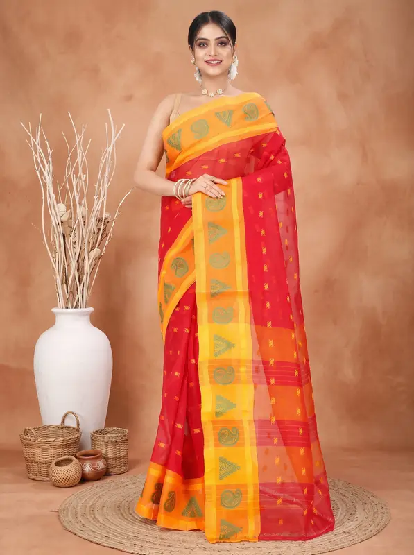 DipDiya Pure Cotton Red Emma Border Masterfully Woven Tant Sarees