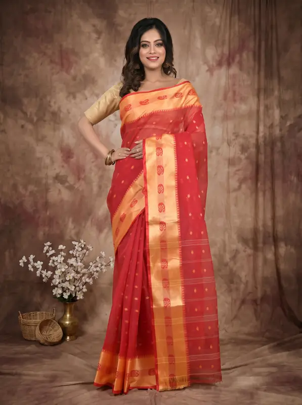 DipDiya Pure Cotton Red Gold Achma Bengal’s Tradition Tant Sarees