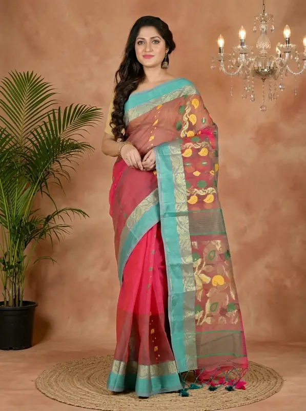 DipDiya Pure Cotton Red Green Madhka Classic Bengali Tant Sarees