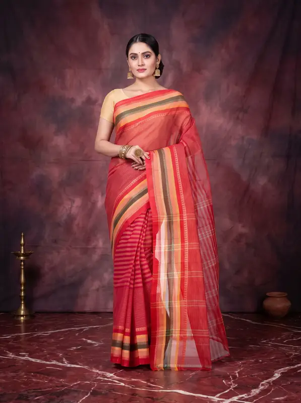 DipDiya Pure Cotton Red Khajur Churi Strip Heritage You Can Wear Tant Sarees