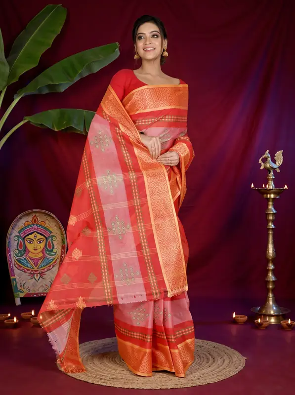 DipDiya Pure Cotton Red Krita Traditional Bengali Tant Sarees