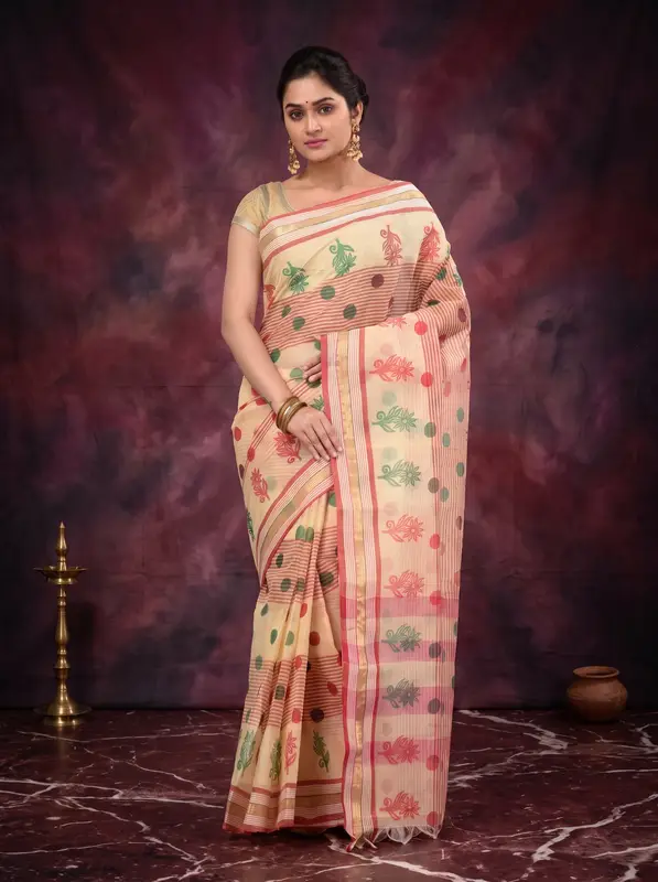 DipDiya Pure Cotton Red Matha Saree Handcrafted Elegance Printed Tant Sarees